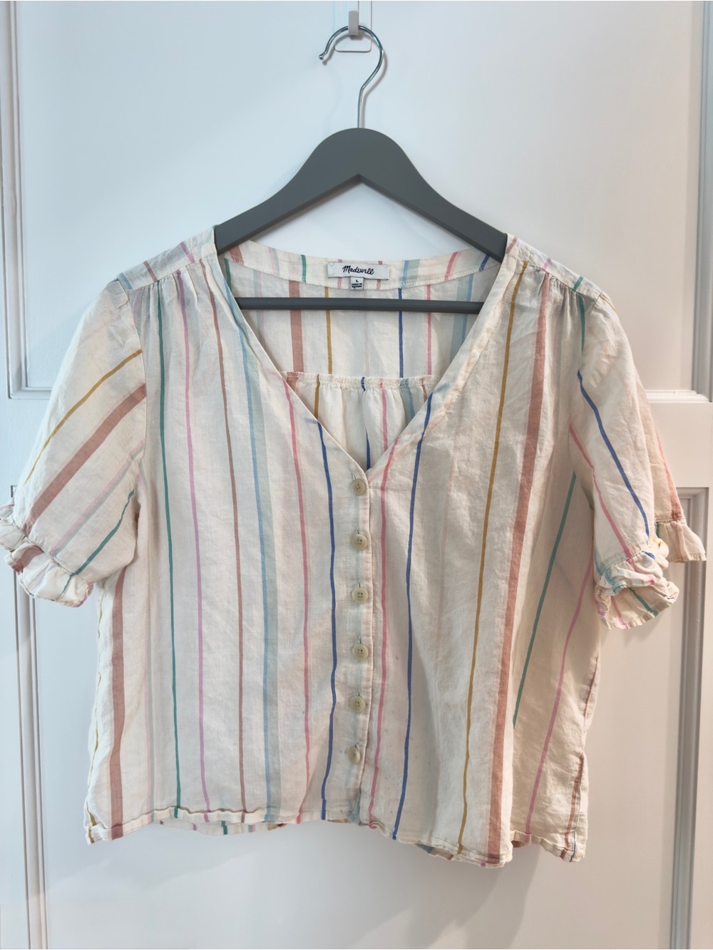 Madewell Cream Button-Front Cropped Top with Multicolor Pastel Stripes size L